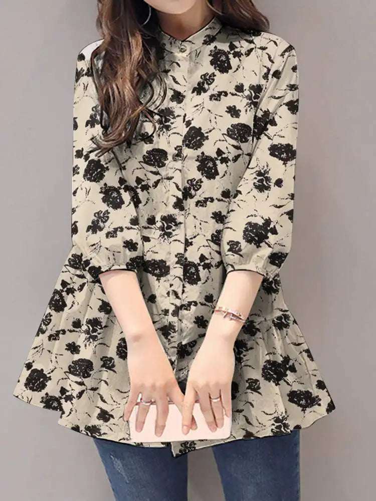 ZANZEA Blusa con estampado floral para mujer, verano 2023, camisas con cuello alto y costuras, estilo bohemio, informal, manga 3/4