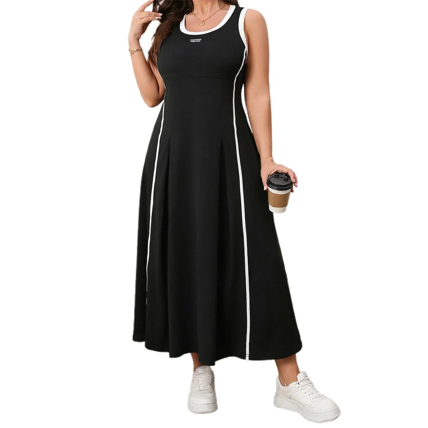 Vestido sin mangas de talla grande para mujer, informal, de verano, con contraste de color, redondo, cuello redondo