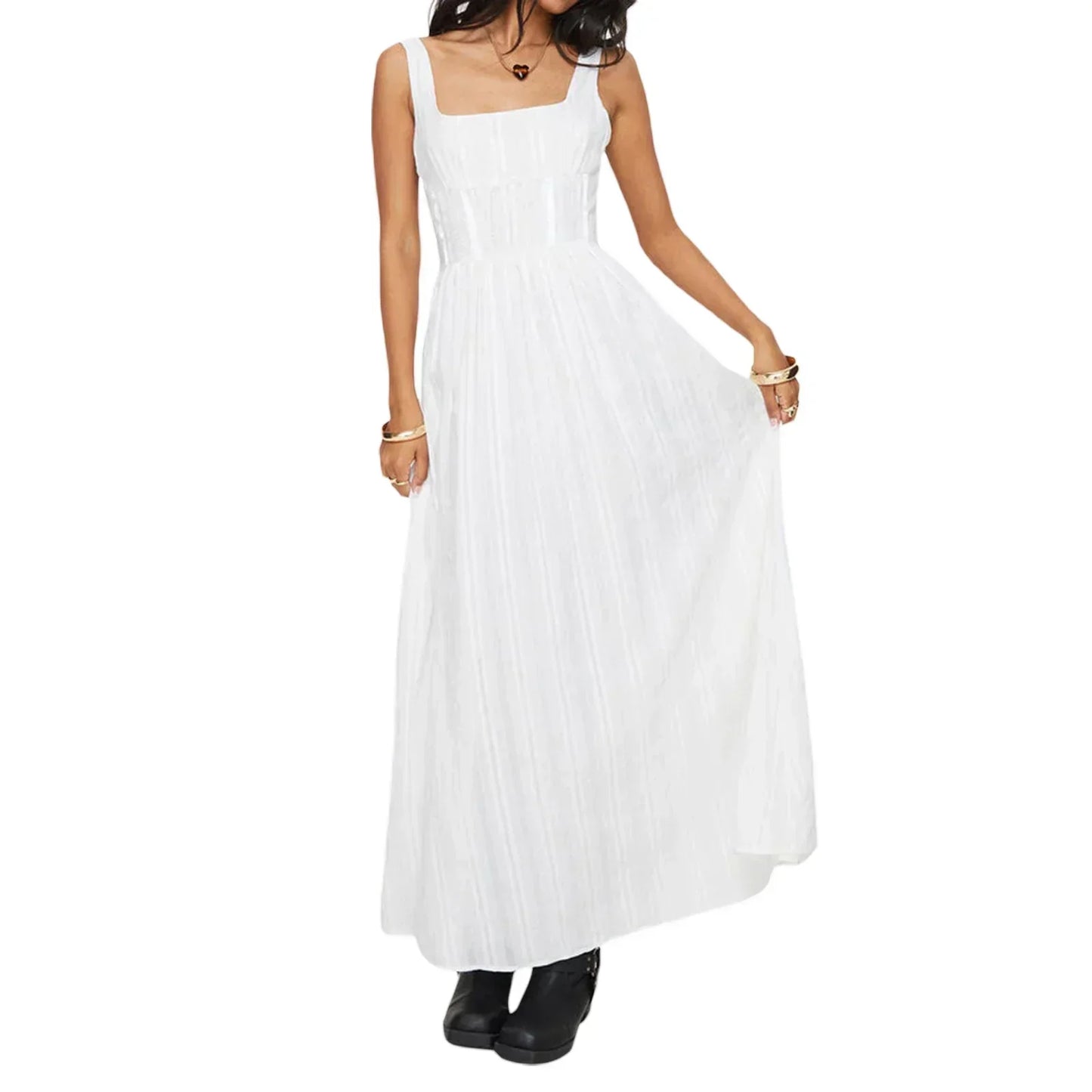 Vestido largo sin mangas para mujer, cuello cuadrado, cintura alta, cremallera lateral, EV