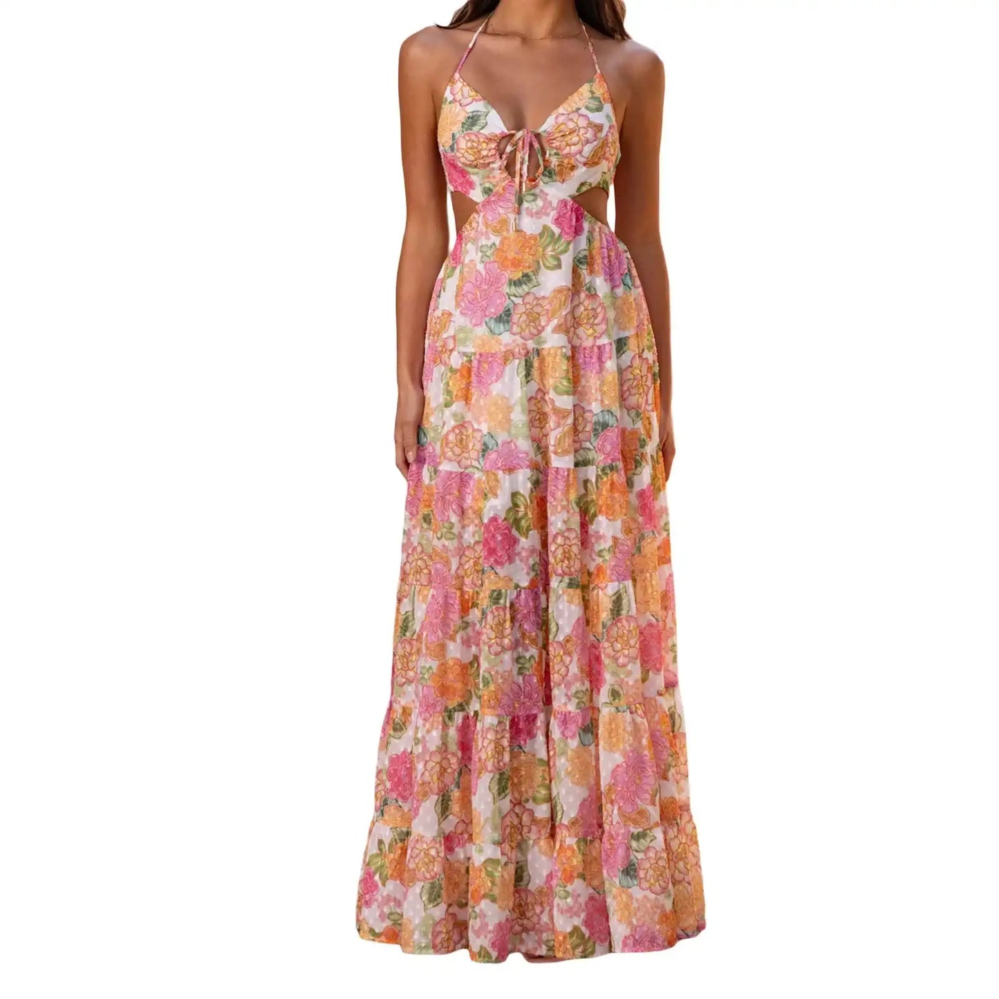 Elegant Maxi Dress with V-Neckline and Ruffle Detailing Boho Chic Sleeveless Floral Print Summer Dress for Women