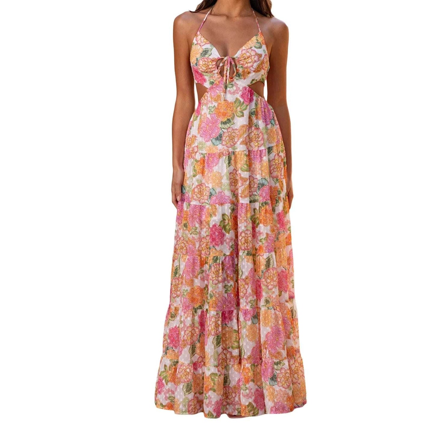 Elegante vestido largo bohemio chic de verano con escote en V y volantes, sin mangas y estampado floral para mujer.