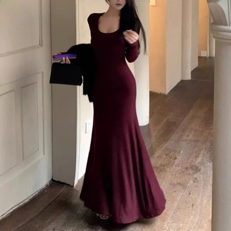 Vestido rojo de manga larga para mujer, falda drapeada, ceñida y adelgazante, vestido midi