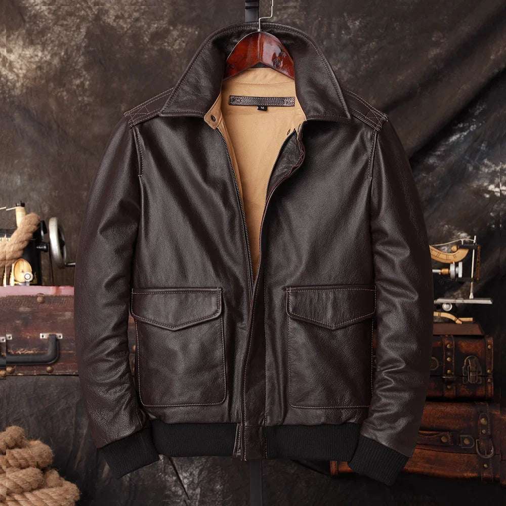 Chaqueta Bomber A2 Pilot de piel auténtica para hombre, cálida, 100 % piel de vacuno, estilo militar, color marrón oscuro, para motociclista.