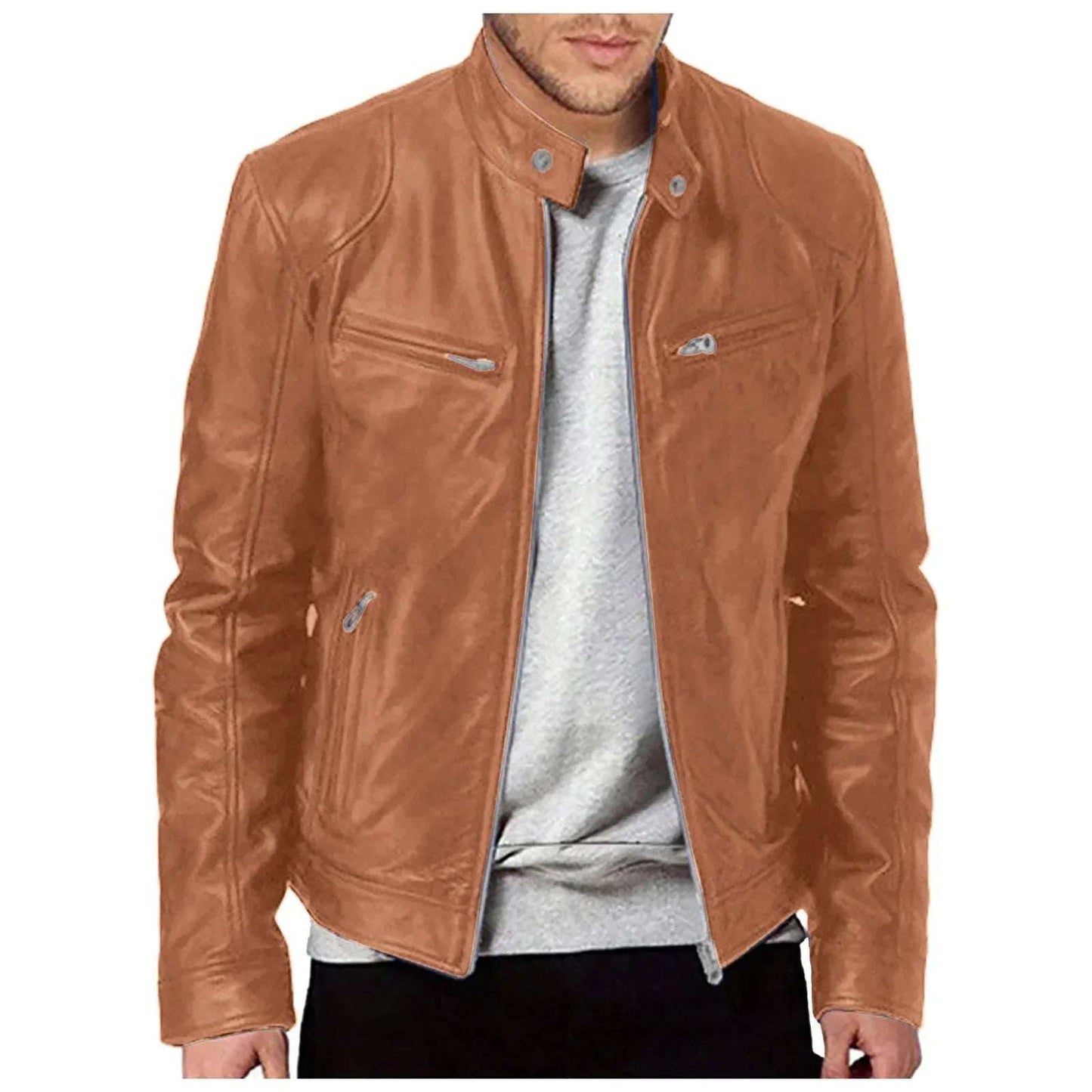 Men'S Motorcycle Lapel Trendy Jacket Mens Jacket Stand Up Slim Leather