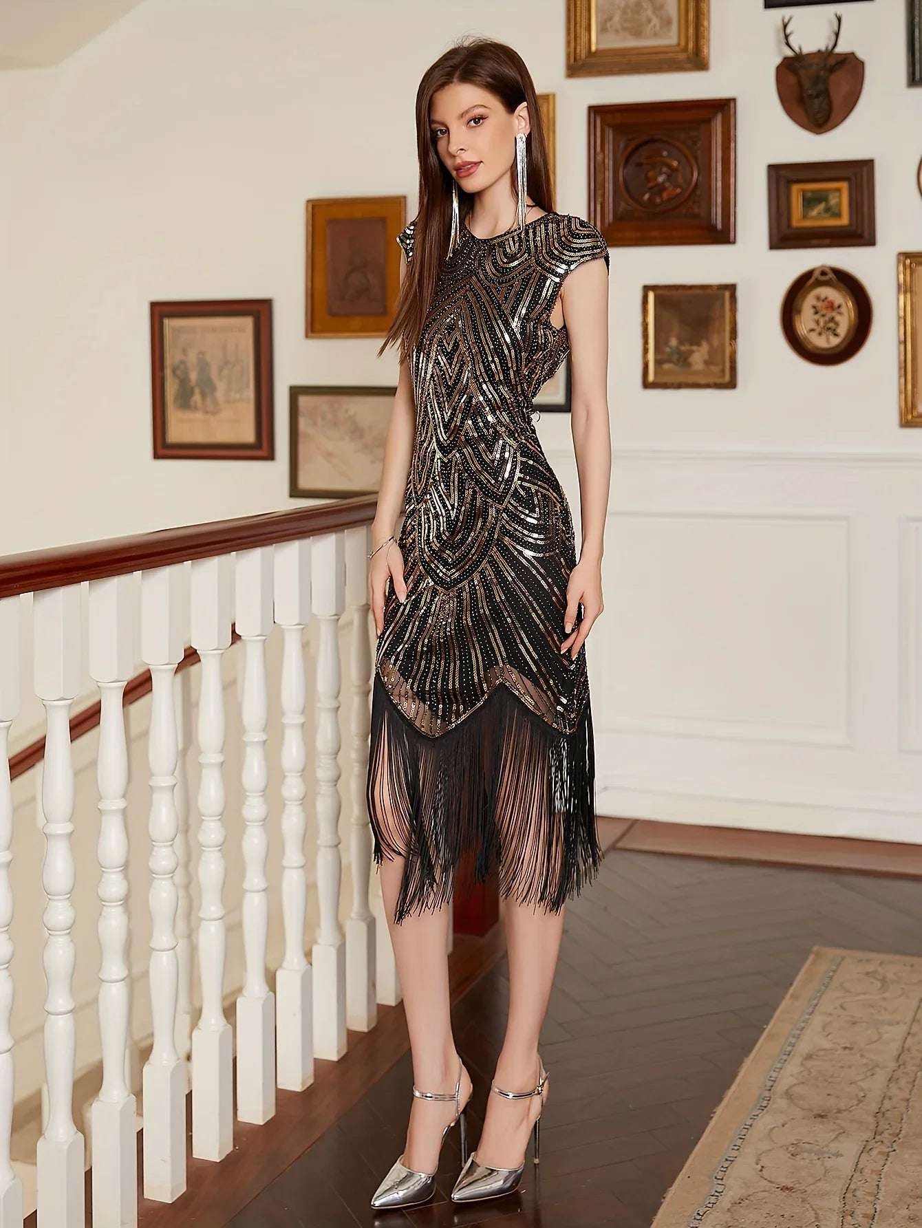 Vestido de cóctel para mujer, elegante, modesto, sin mangas, con cuello redondo y lentejuelas, vestido de noche formal, vestido de noche con purpurina para fiesta de graduación.