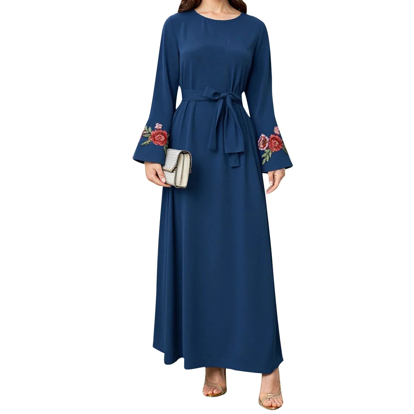 Elegante vestido Abaya con estampado floral, cinturón y mangas acampanadas, cuello redondo, túnica de manga larga para mujer, perfecto para la oración y