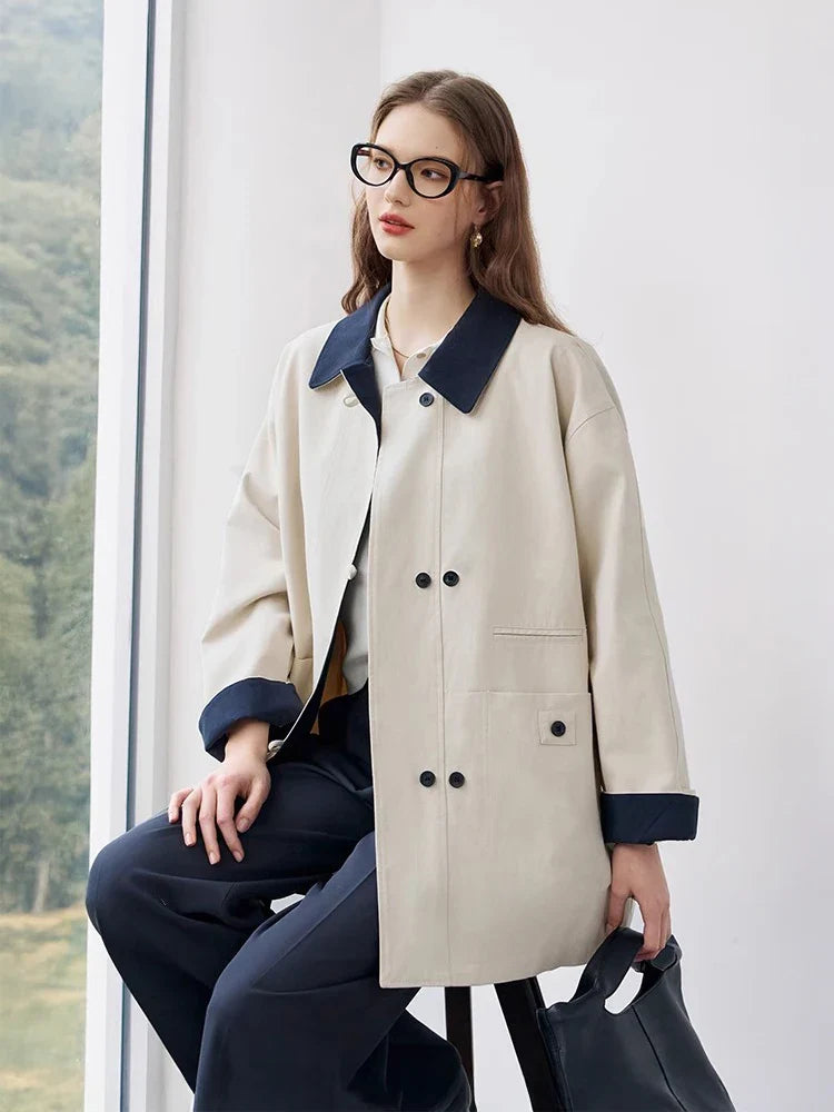 Gabardina de estilo británico para mujer, de longitud media, con cuello en contraste, doble botonadura, holgada, cortavientos, informal, de primavera