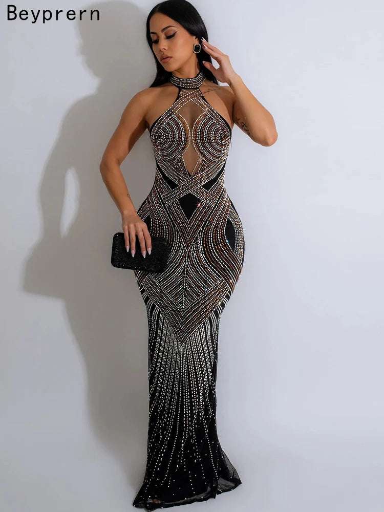 Beyprern Women's Rhinestones Décor Long Maxi Dress Glam Backless Ha