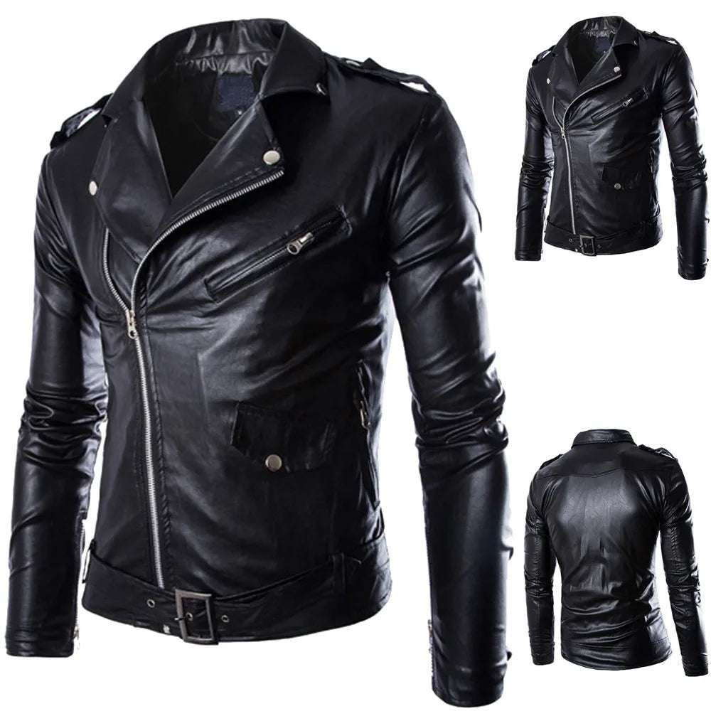 Autumn Winter Retro Zip Up Jacket Men'S Slim Fit Lapel Pu Leather Outw