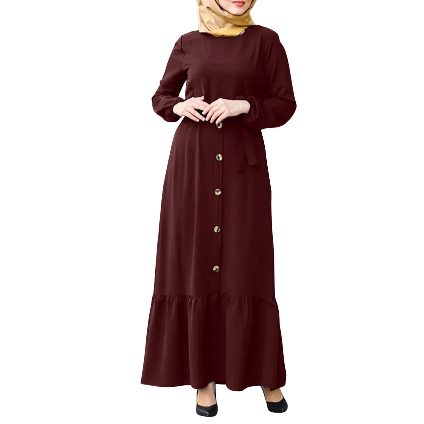 Arabic Abaya Dress For Women Ramadan Dubai Women Modest Muslim Robe Islam Clothing New Turkey Solid Round Collar Dresses