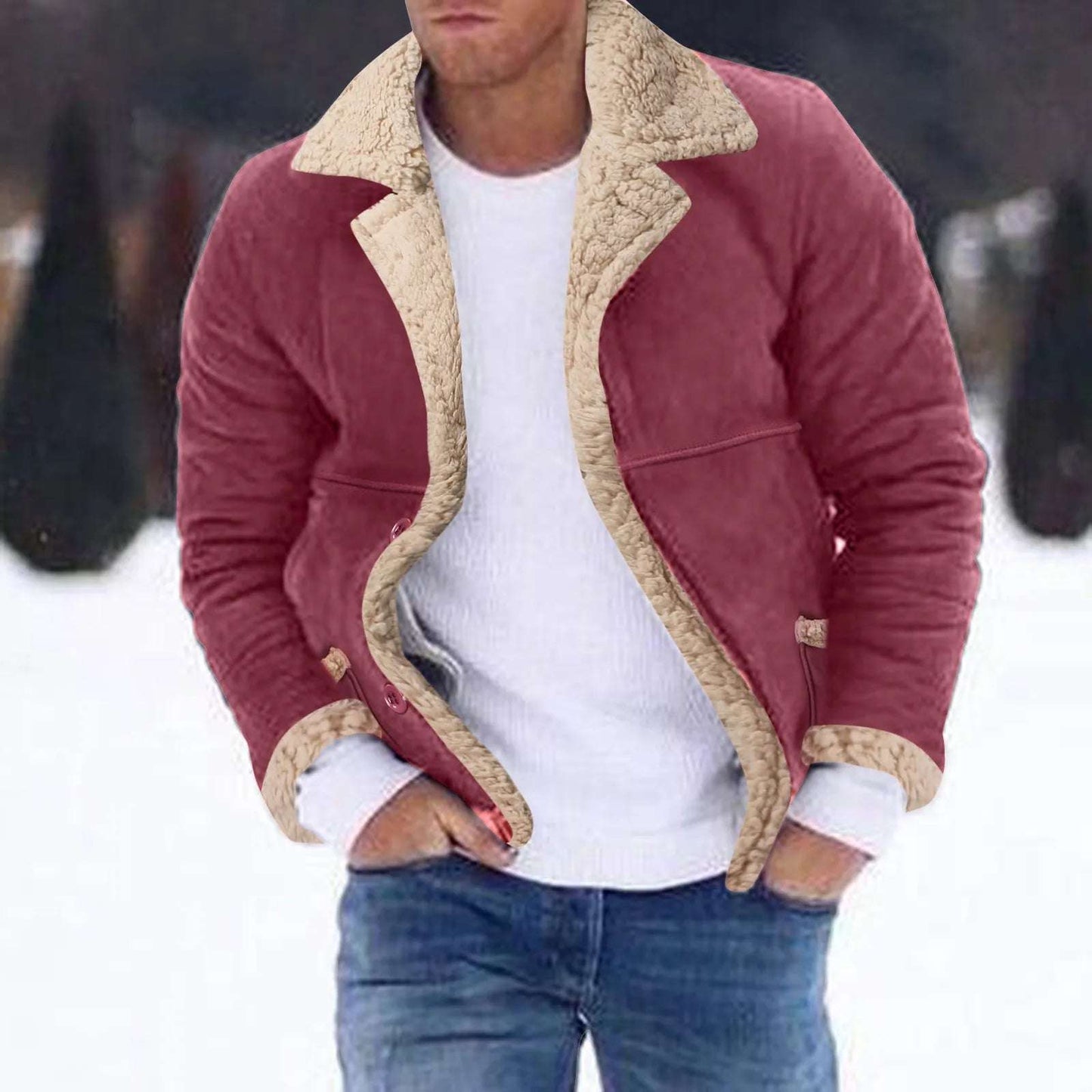 Men Plus Size Winter Jacket Coat Lapel Collar Long Sleeve Padded Faux