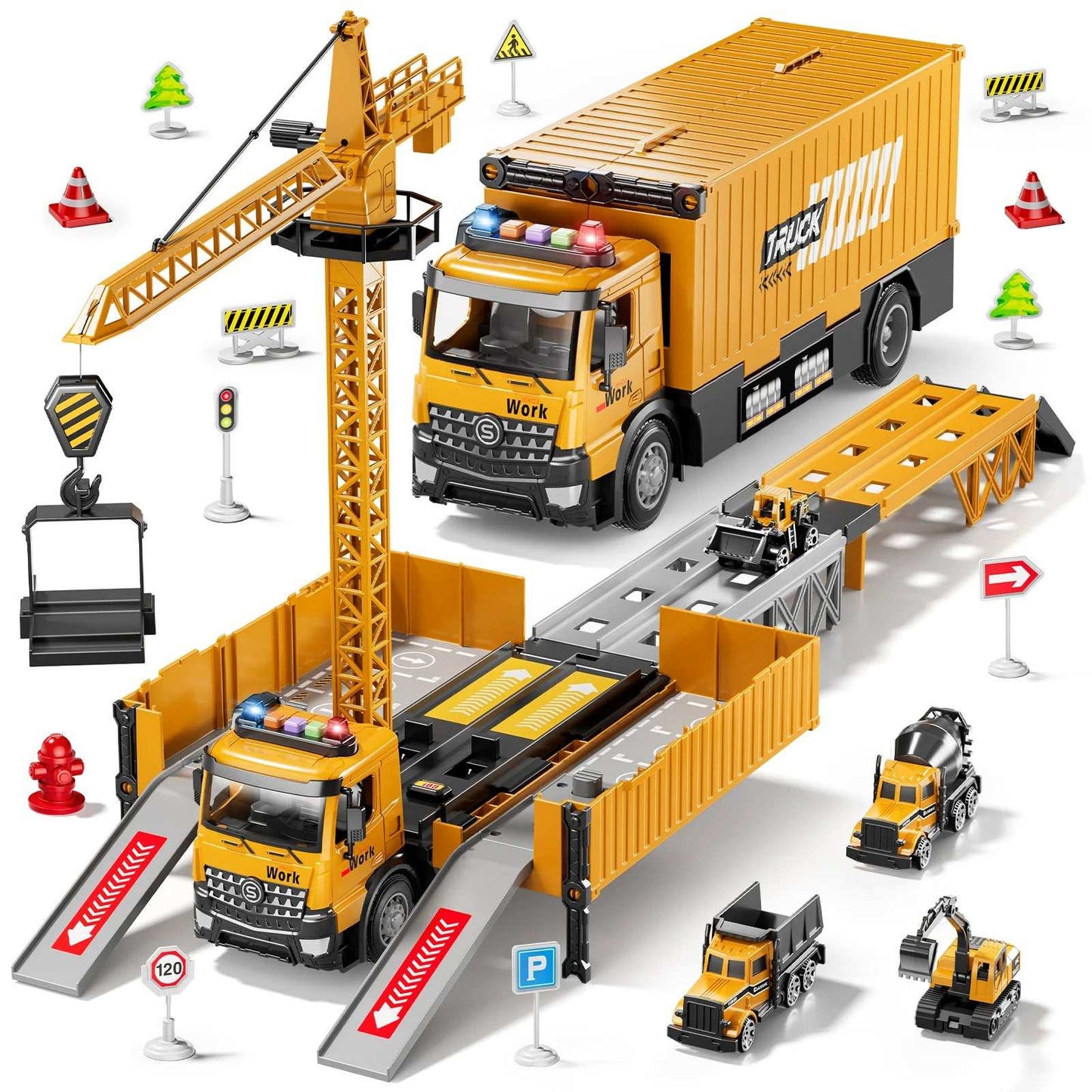Pista de carreras de camiones transportadores, juguetes para niños, camiones de construcción, juguetes para niños de 3 a 8 años, camión de transporte con grúa torre, juegos de camiones