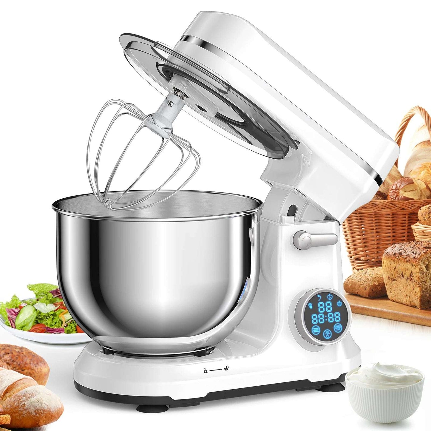 Batidora de pedestal BioloMix para cocina, motor de CC de 1200 W y 11 velocidades, pantalla OLED digital, batidora eléctrica con gancho para masa y varillas.