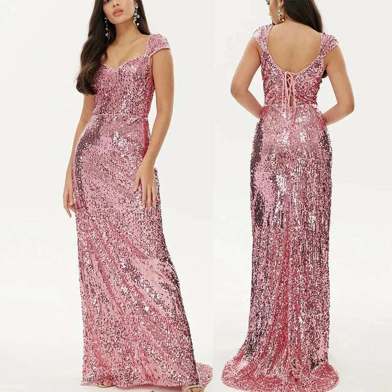 Vestidos de cóctel para mujer, sin mangas, con hombros descubiertos, vestido rosa con lentejuelas