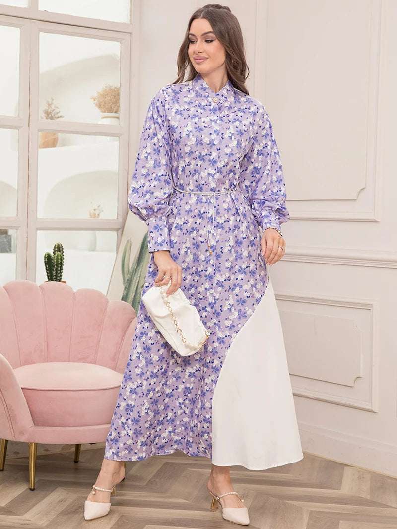 Elegant Floral Print High Neck Contrast Color Belted Shirt Sleeve Long Dress - Women's Fashion Slim Fit Maxi Dress for Spring