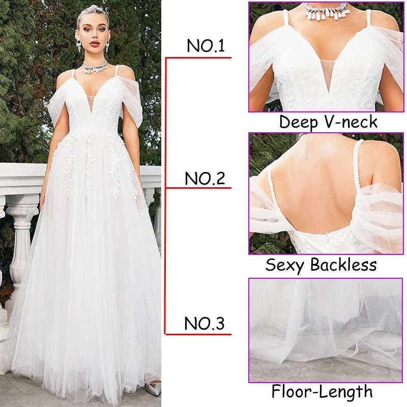 Vestido de novia con encaje de flores y bordado, vestido largo de novia blanco