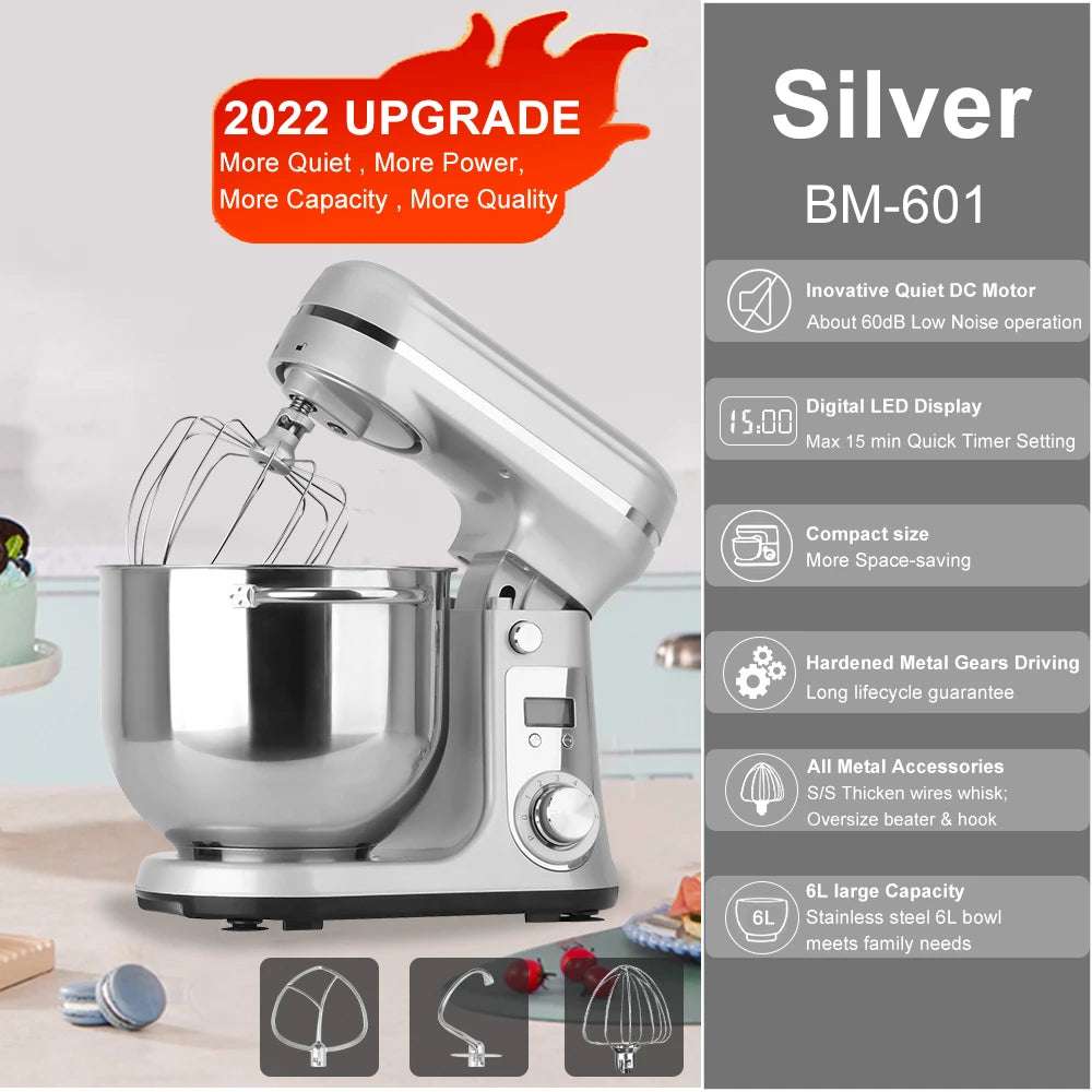 Batidora de pie BioloMix para cocina, licuadora, motor silencioso, batidor de huevos y crema, amasadora, 6 velocidades, 1200 W, 6 L, CC