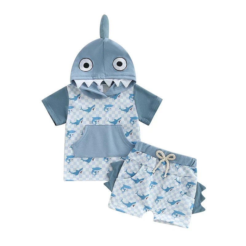 Boys Summer Outfit Sets Short Sleeve Dinosaur Print Hooded Tops and Elastic Waist Shorts Sets for Active Kids