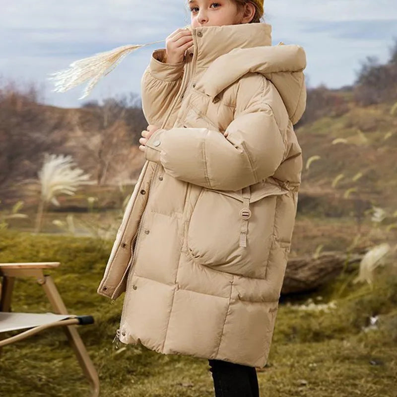 Chaqueta de plumón de pato blanco grueso de invierno para niñas, abrigo largo y cálido para niñas, parkas con capucha impermeables para niños, ropa de abrigo para la nieve para niños.