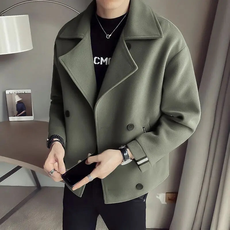Korean Design Sense Men's ort Woolen Chic French Coat 2025 Sle Long Jaet Slim Fit Trousers And Coat Collection