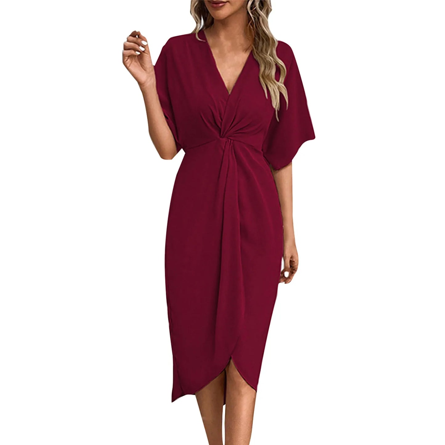 Vestidos elegantes de mujer con cuello en V irregulares plisados temperamento casual Sh