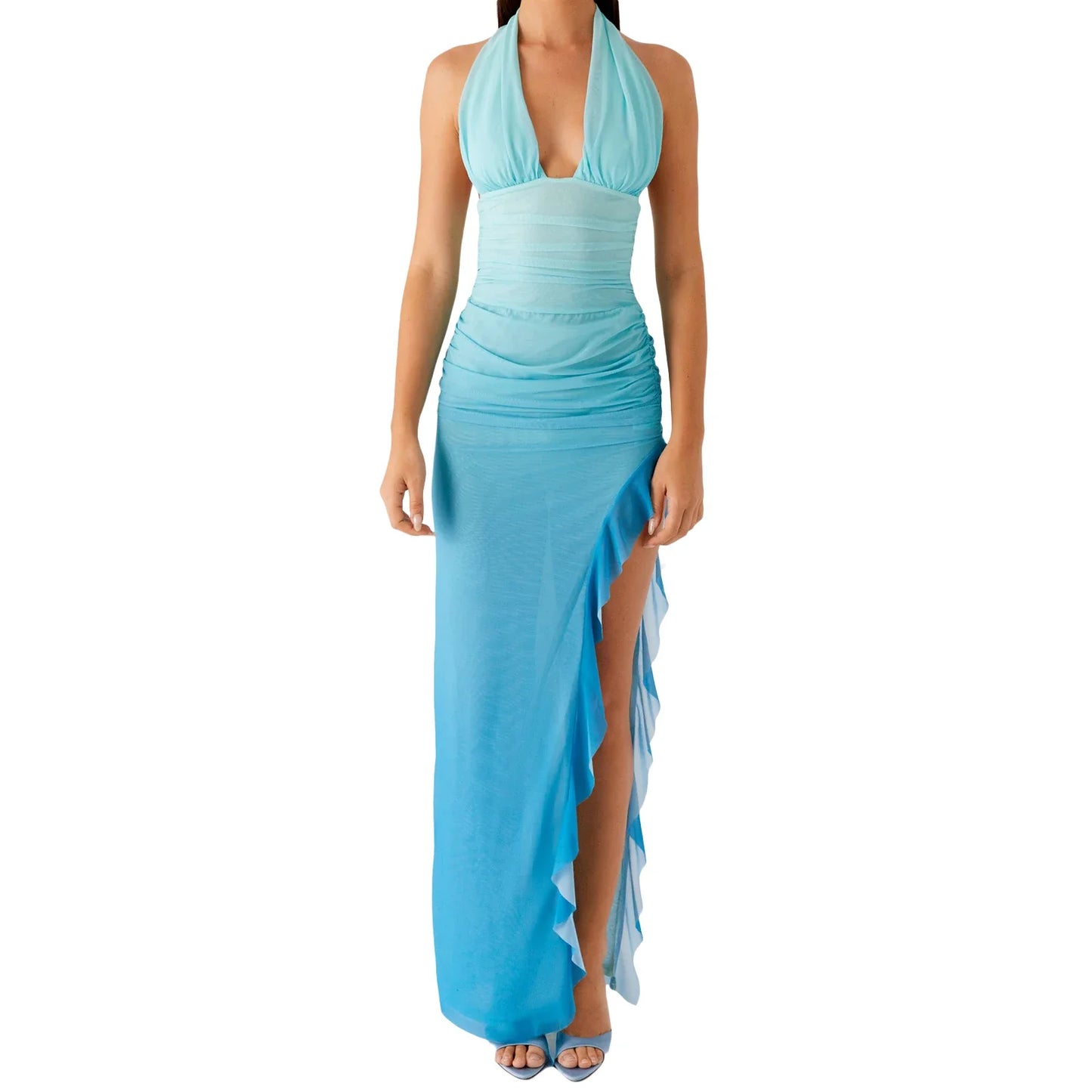 Elegante vestido largo con hombros descubiertos, detalle de volante y abertura, sin mangas, estampado floral, ajustado, vestido de noche para mujer