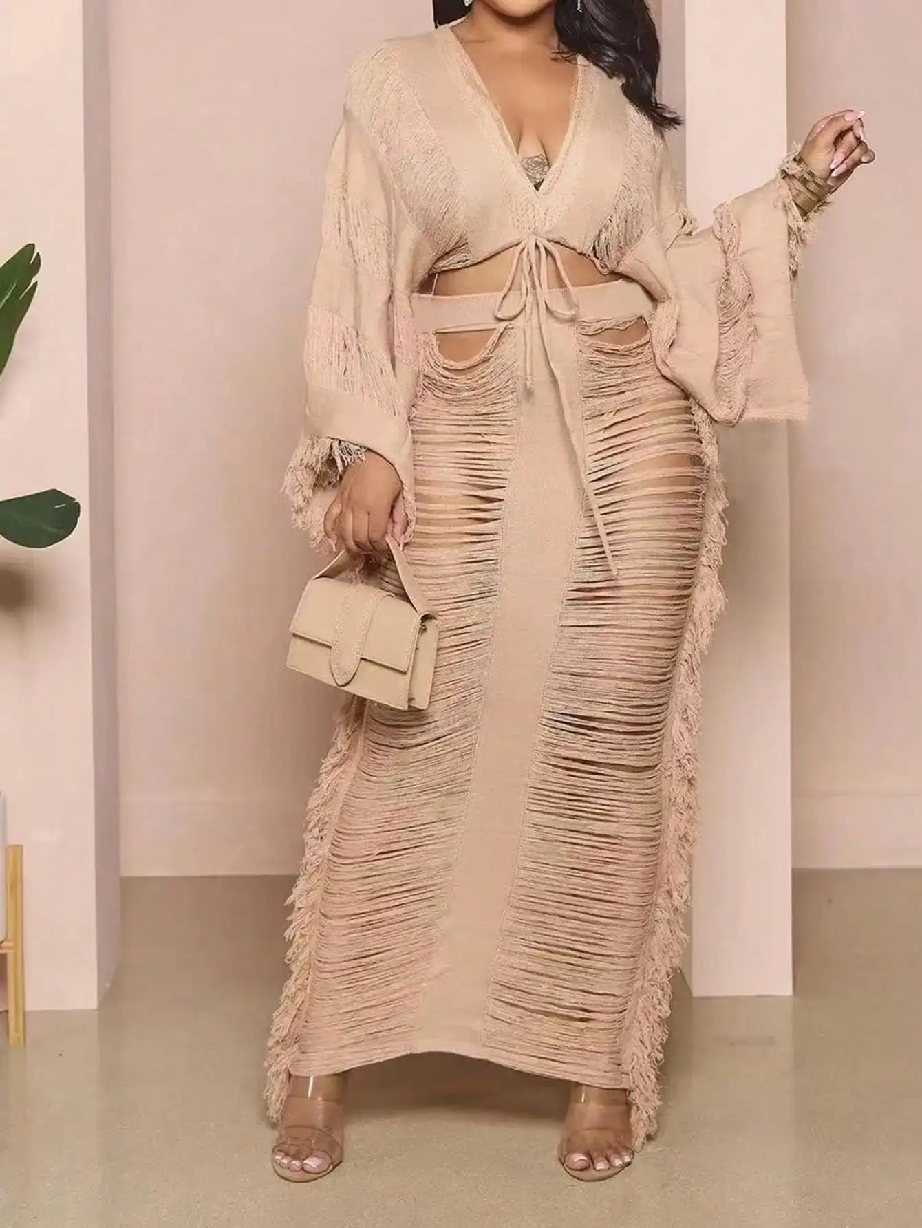 Dress 2025 Women's Fringed 2-piece Set Long-sleeved top with fringed cutout Cute and elegant party club suit dress