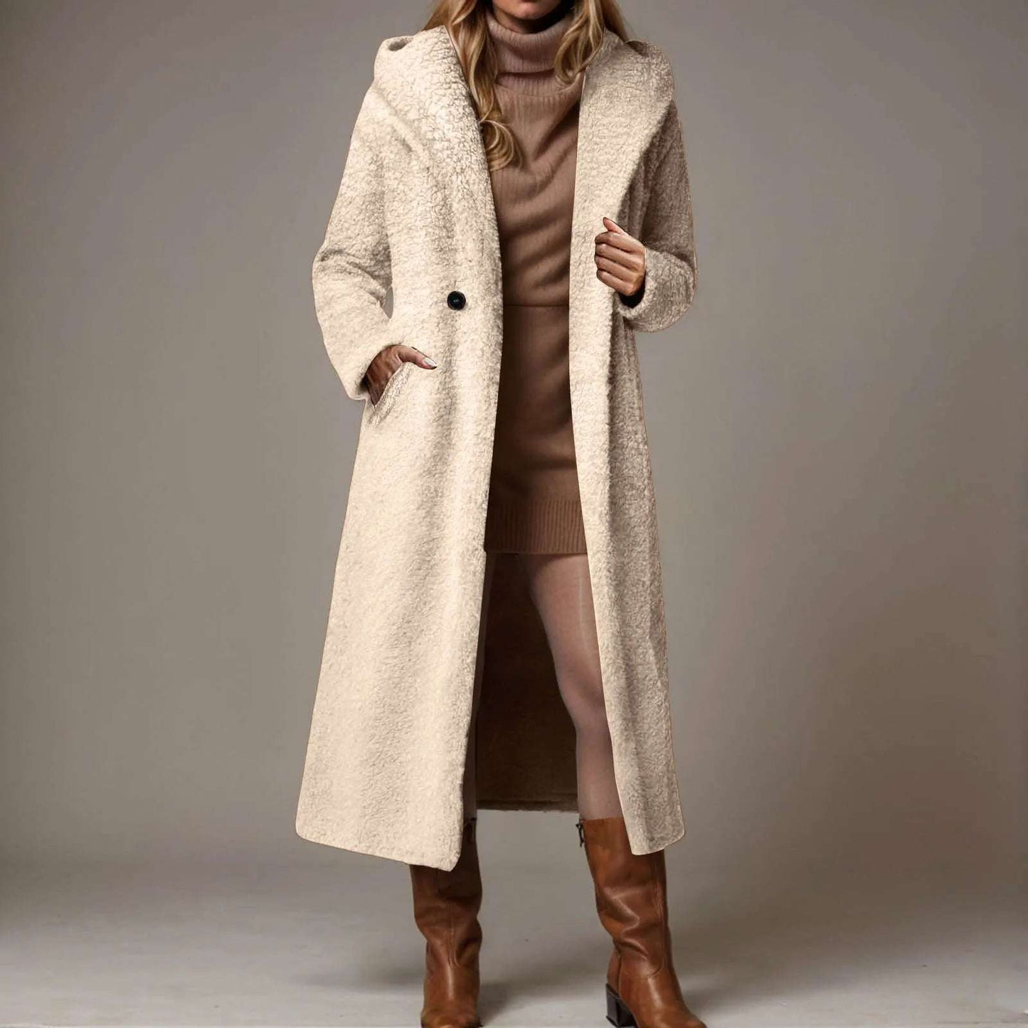 Lamb Wool Coat Women'S Fuzzy Fleece Lapel Open Front Long Cardigan Coa
