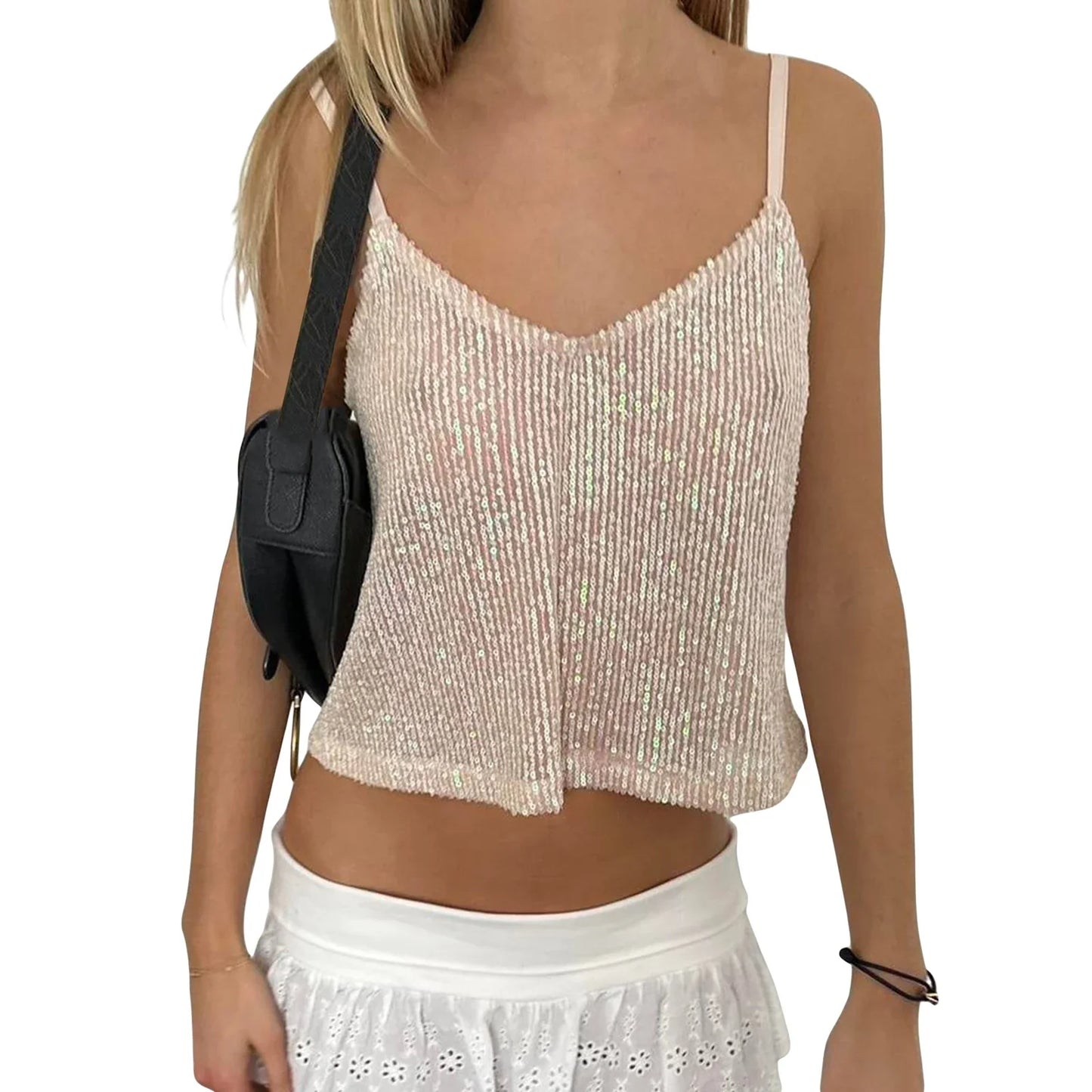 Elegant Sequin Embellished Sleeveless Blouse with V Neckline and Open Back Design Perfect for Night Outfits and Events
