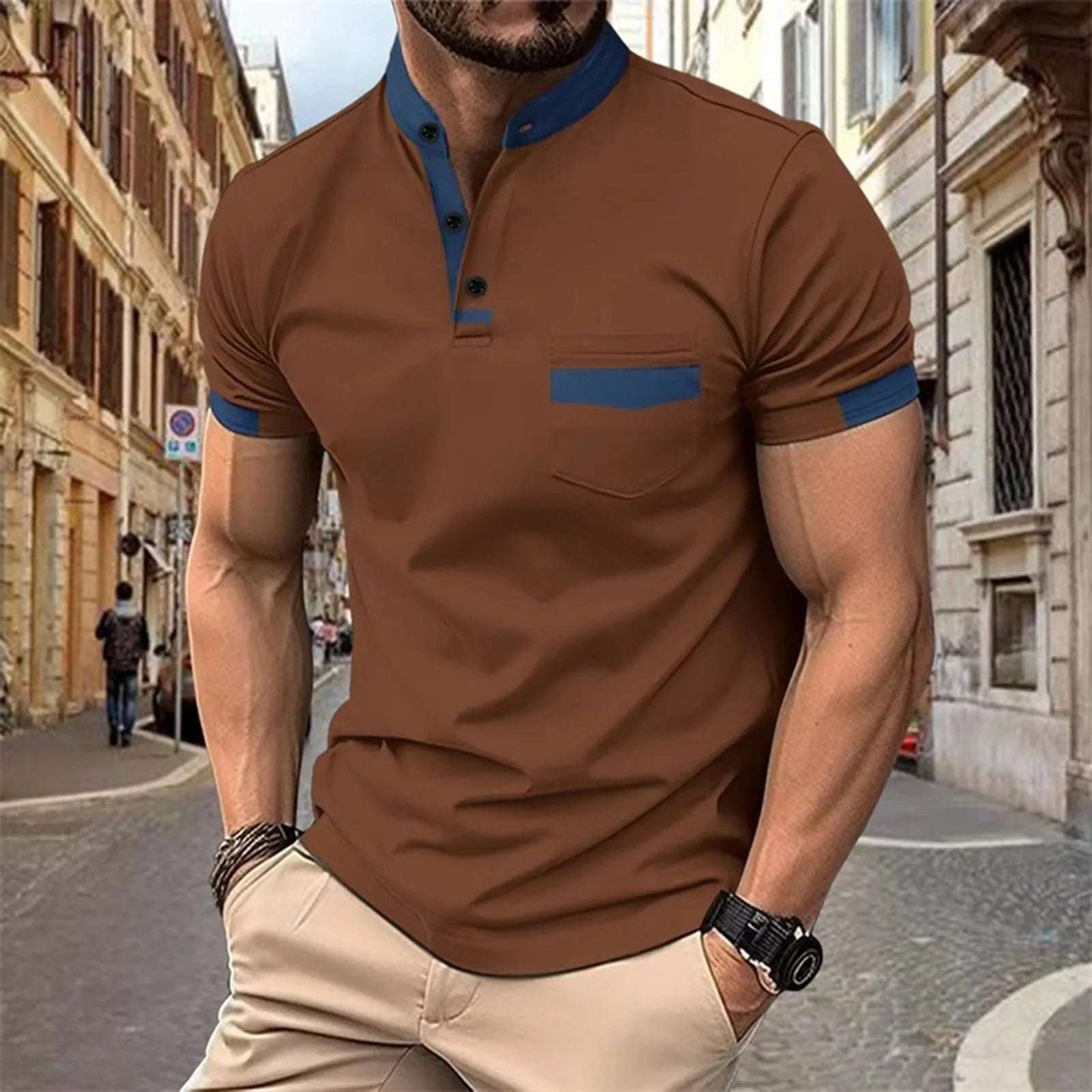 Color Matching Mens' T-Shirt Summer Sporty Wears Short Sleeve Button Top Blouses Casual Pullover Male T Shirts Breathable Tops