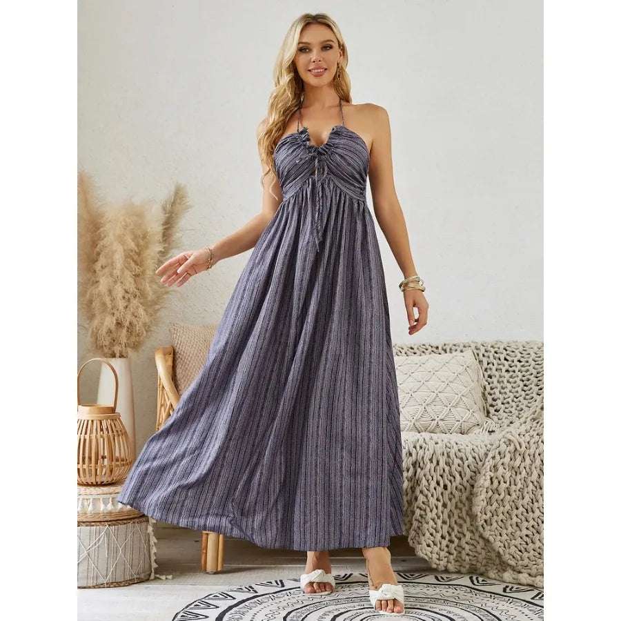 Vestido largo bohemio con cuello halter - Vestido playero fluido sin mangas de verano para mujer