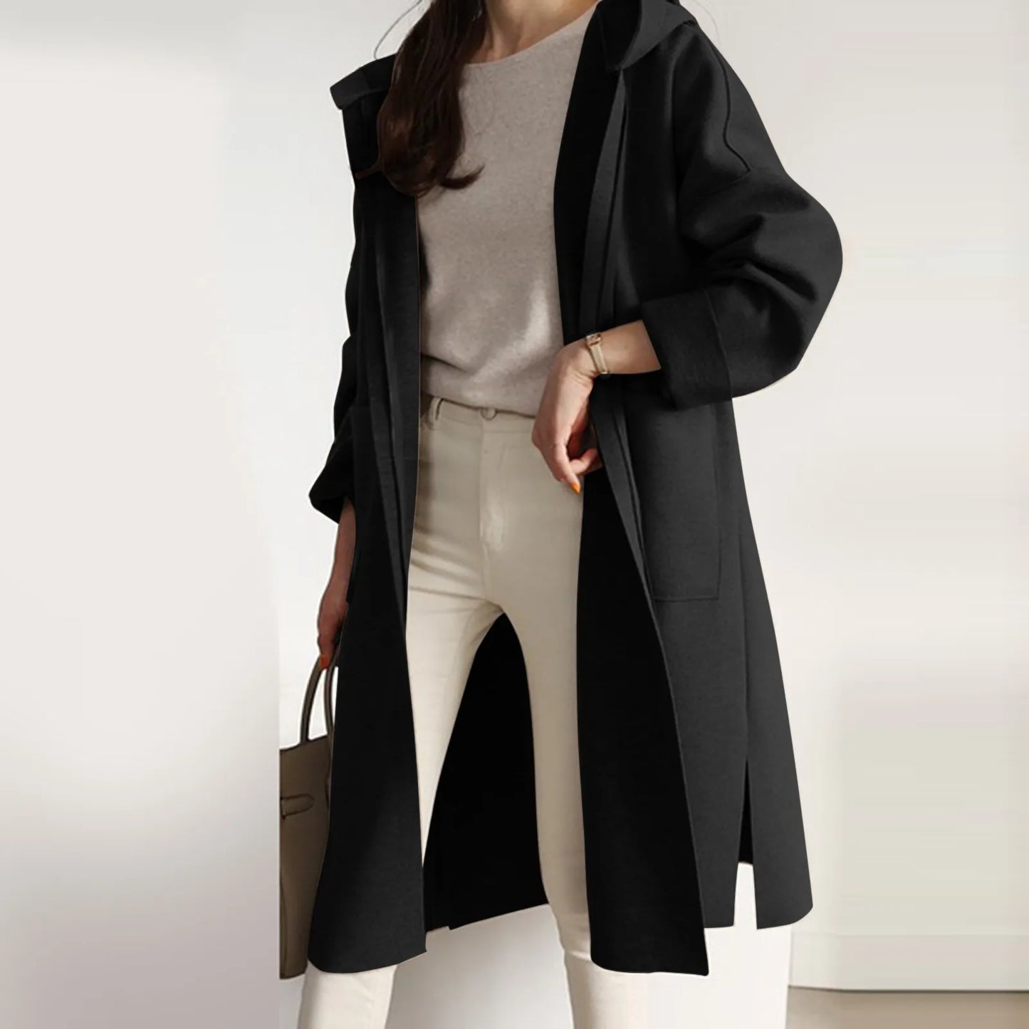 Autumn Winter Woolen Coat Women Zippered Knee Length Trench With Hooded Office Lady Oversized Solid Casual Plus Size Overcoats