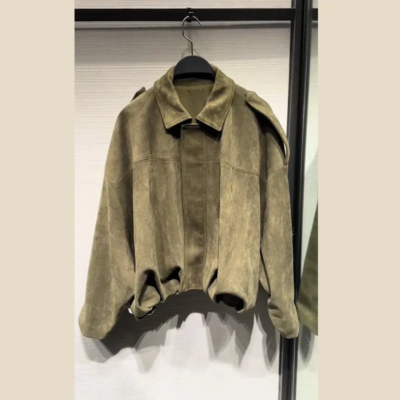 Chaqueta bomber de gamuza para mujer de calle, moda, solapa, cremallera, manga larga, Fe