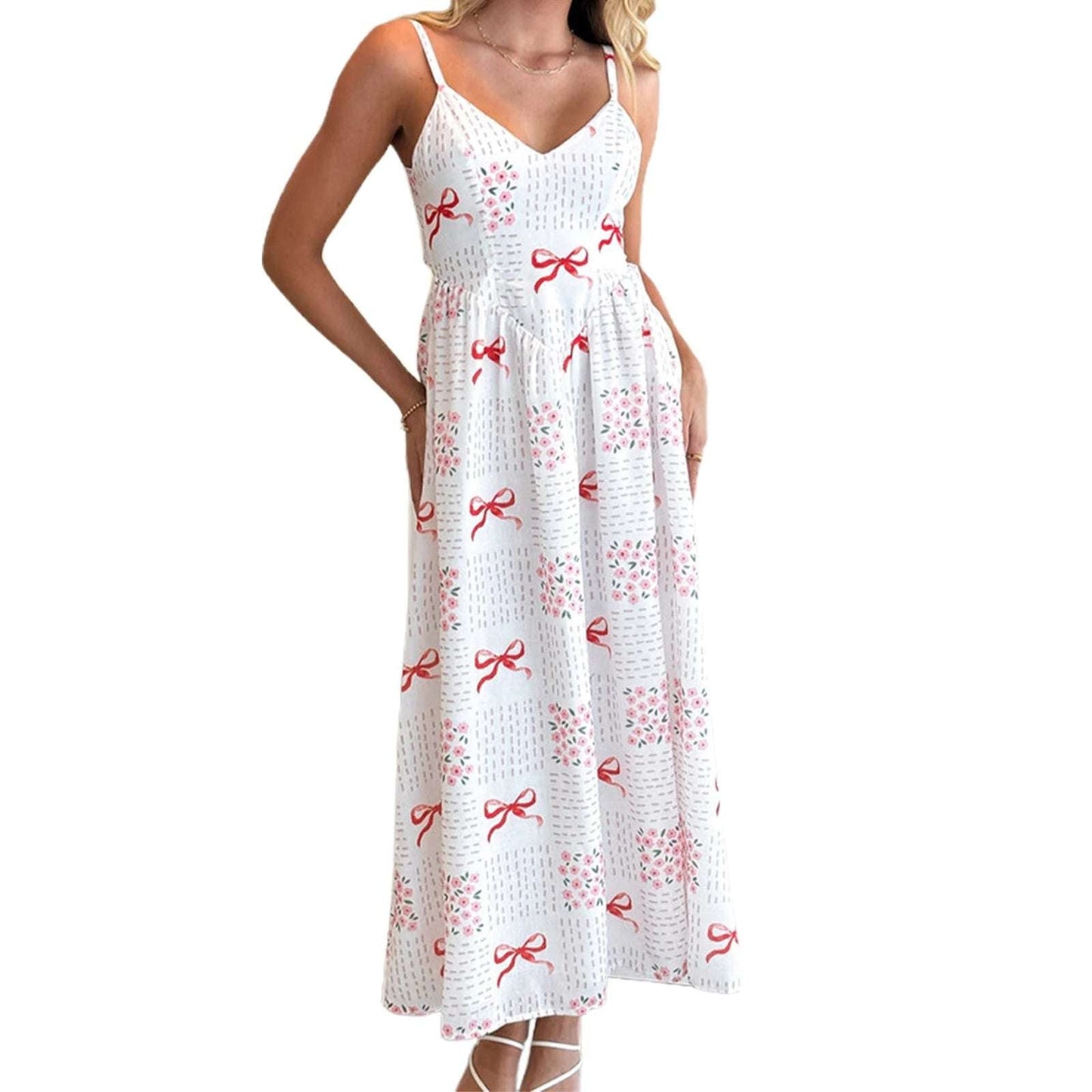 Elegante vestido de noche de encaje sin mangas con escote en V y detalle de lazo