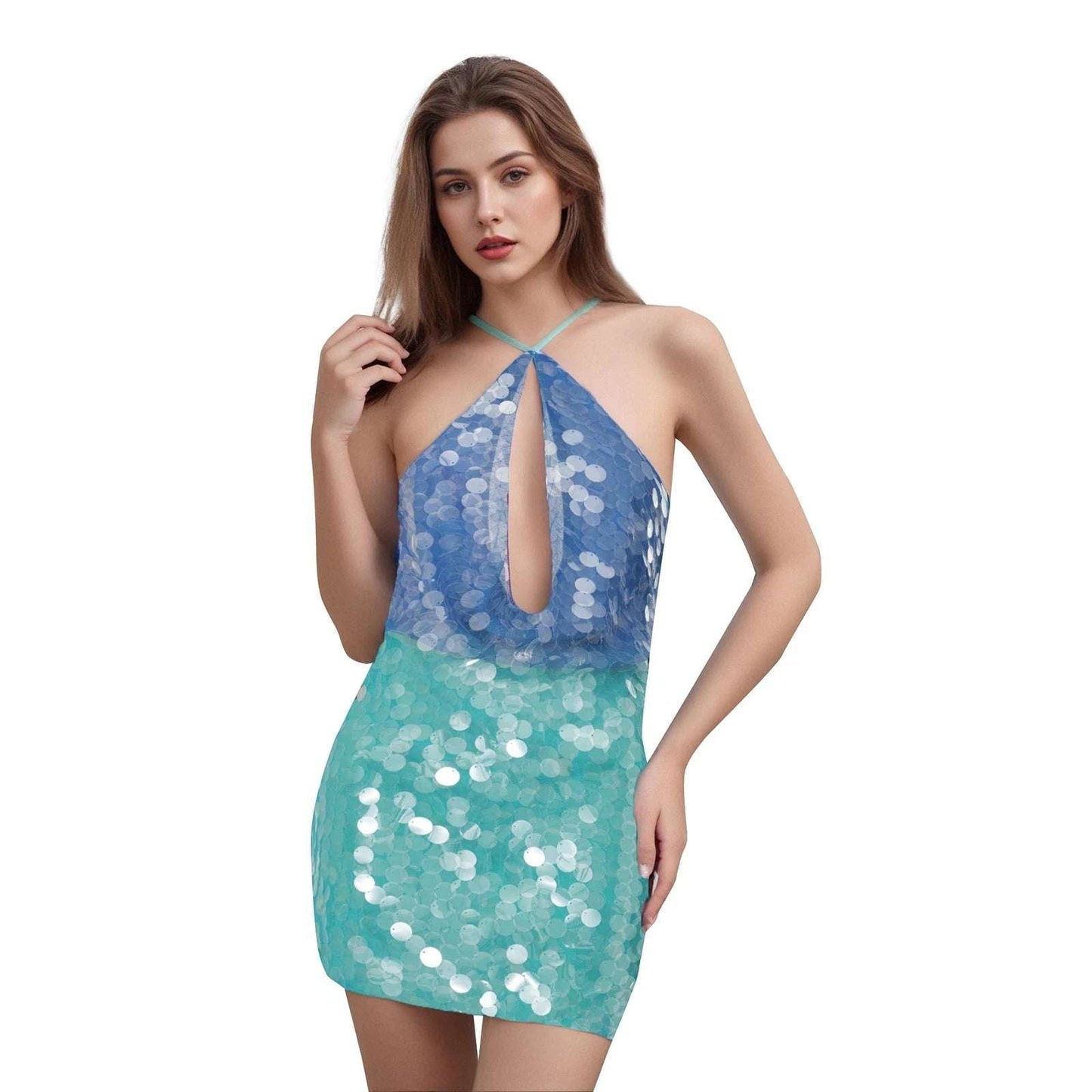 Elegante minivestido sin mangas con cuello halter y lentejuelas adornadas con espalda