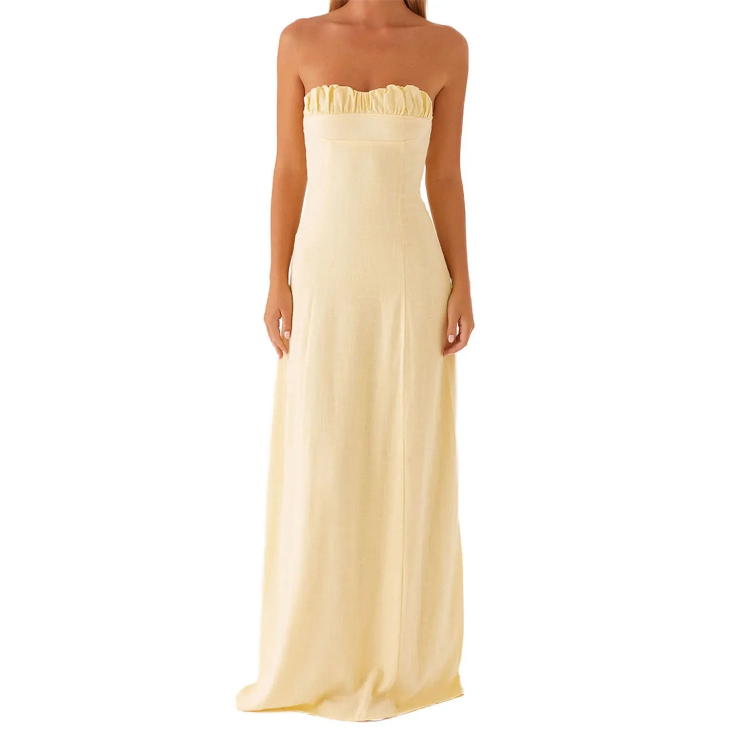 Elegante vestido largo con estampado floral, hombros descubiertos fruncidos y silueta en forma de A para fiestas nocturnas o discotecas.
