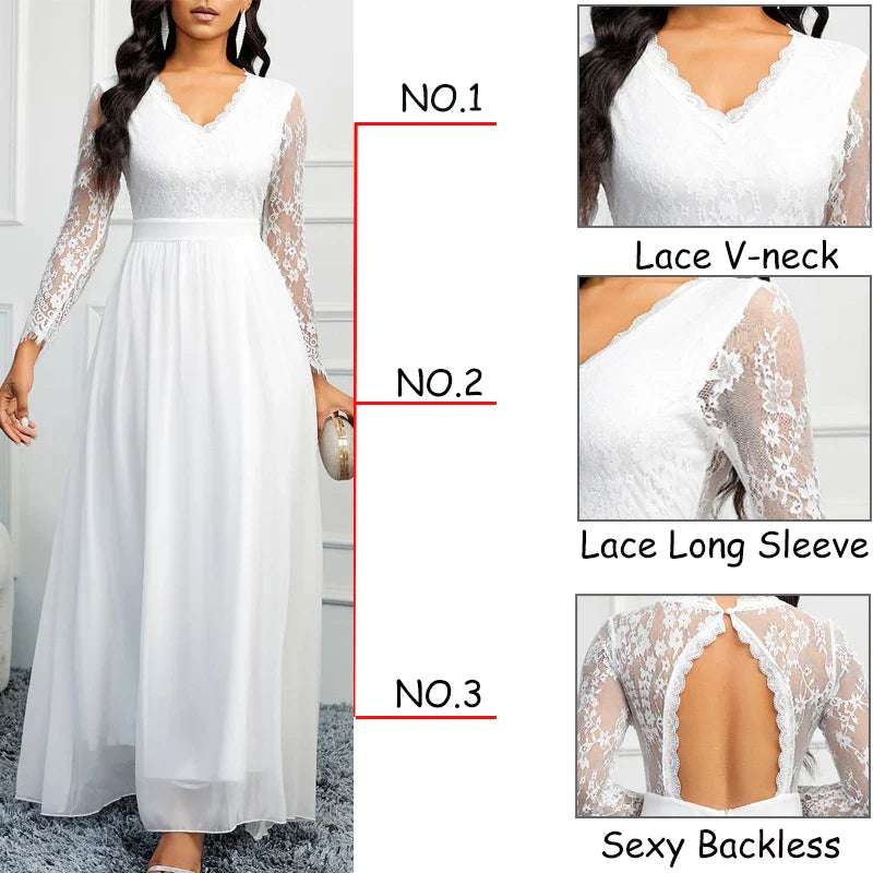 Cocktail Dresses Women's Long Sleeve V Neck Low Back Lace Chiffon Wedding Bridesmaid Dress Formal Party Gowns Wedding Dresses