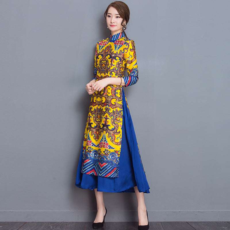 Vestido tradicional vietnamita Ao Dai estilo chino retro estampado Qipao vestido cheongsam largo bata chino moderno cheongsam aodai