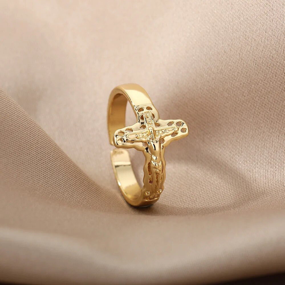 Jesus Cross Rings For Women Men Metal Golden Wide Large Adjustable Ring Vintage image 17