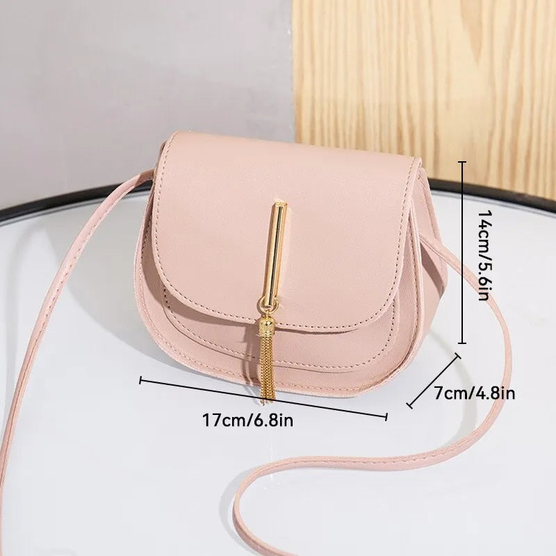 New Golden Tassel Double Layer Semi Circle Solid Color One Shoulder Saddle Bag image 9