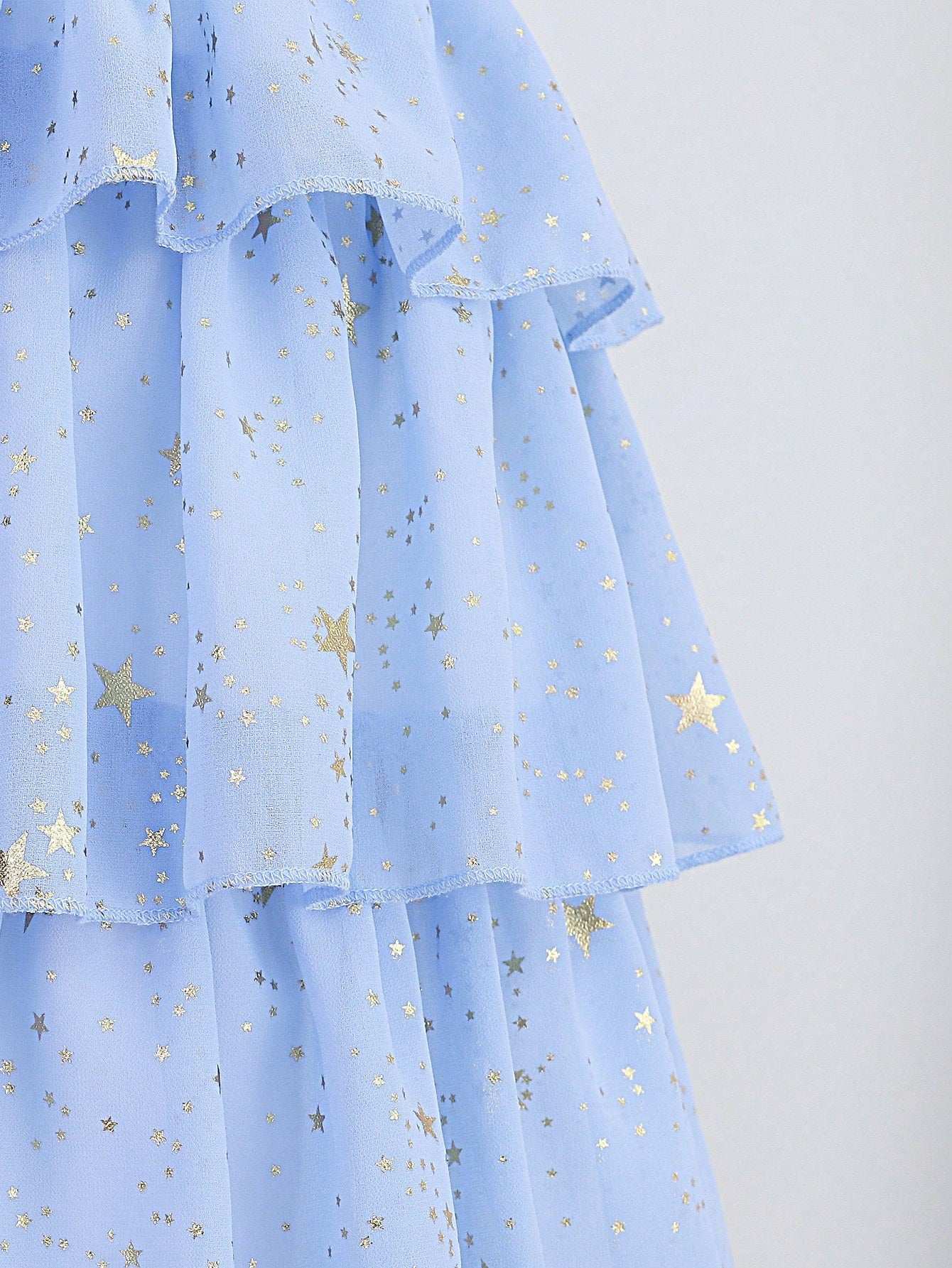 Toddler Girls Gold Star Print Puff Sleeve Layer Hem Dress image 2