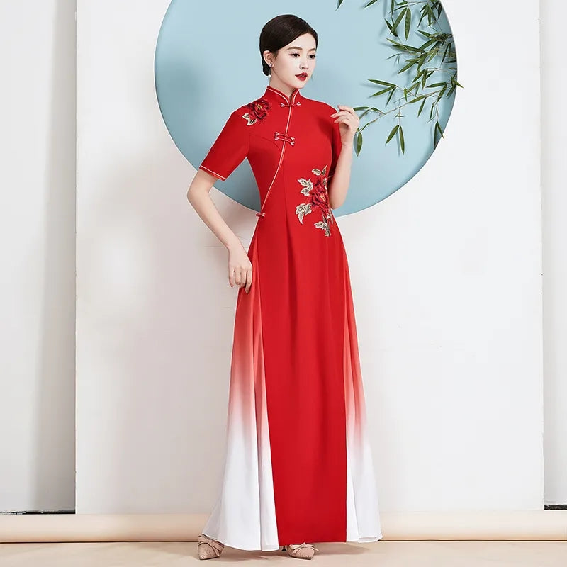 2024 Ao Dai Cheongsam Folk Style Vietnam Chiffon Aodai Elegant Women Flower Emb image 2