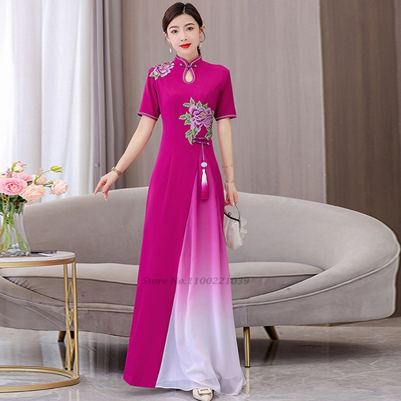 2024 vietnam aodai dress traditional chinese improved qipao national flower emb image 2
