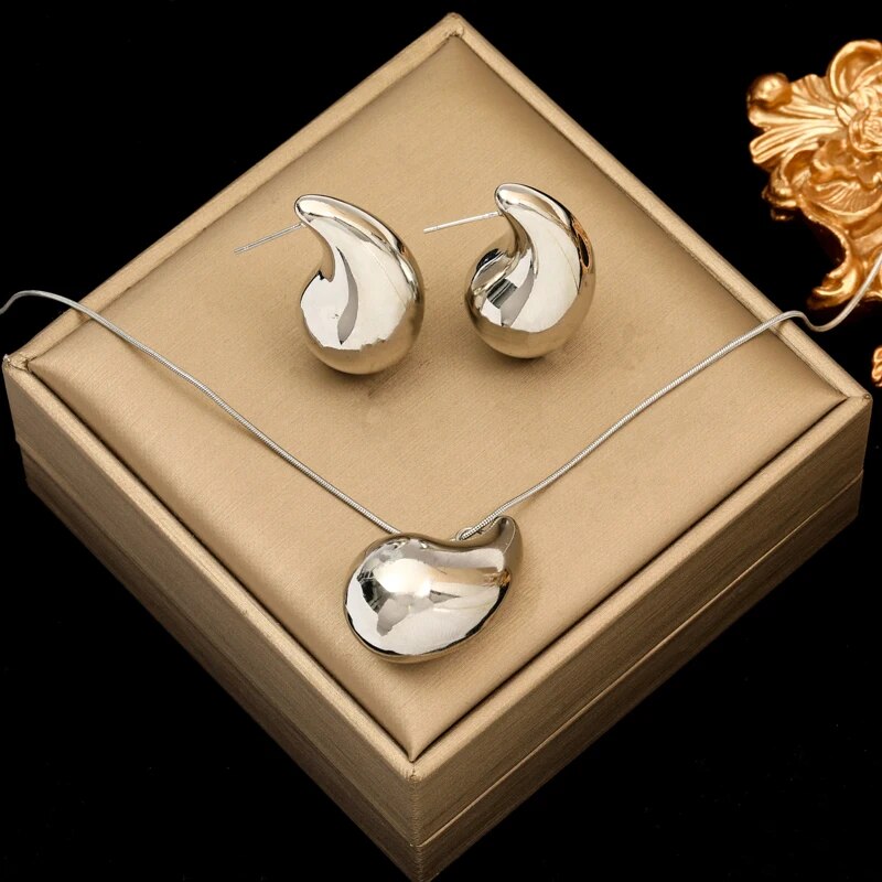 EILIECK 316L Stainless Steel Gold Color Water Drops Necklace Earrings Trendy Fo image 3