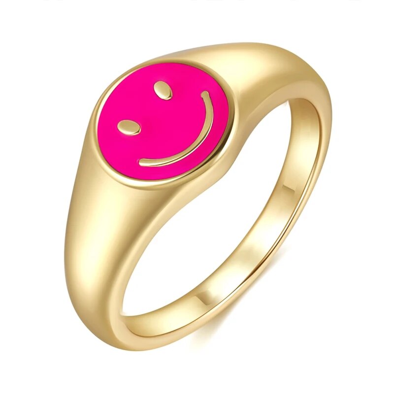 YUXINTOME 24k Gold Plated Colored Enamel Smile Face Wide Ring For Women Trend C image 5