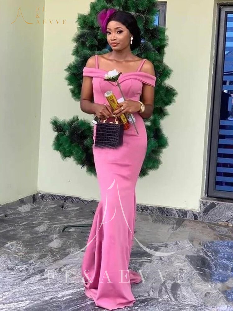Fashion Pink Satin Mermaid Wedding Party Dresses Spaghetti Straps African Brides image 2