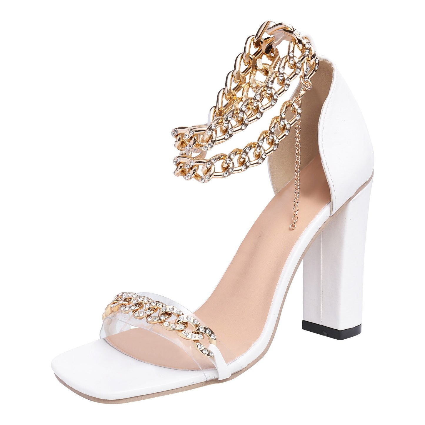 Gold-Tone Chain Embellished Ankle Strap High Heel Sandals for Women Fashion image 3