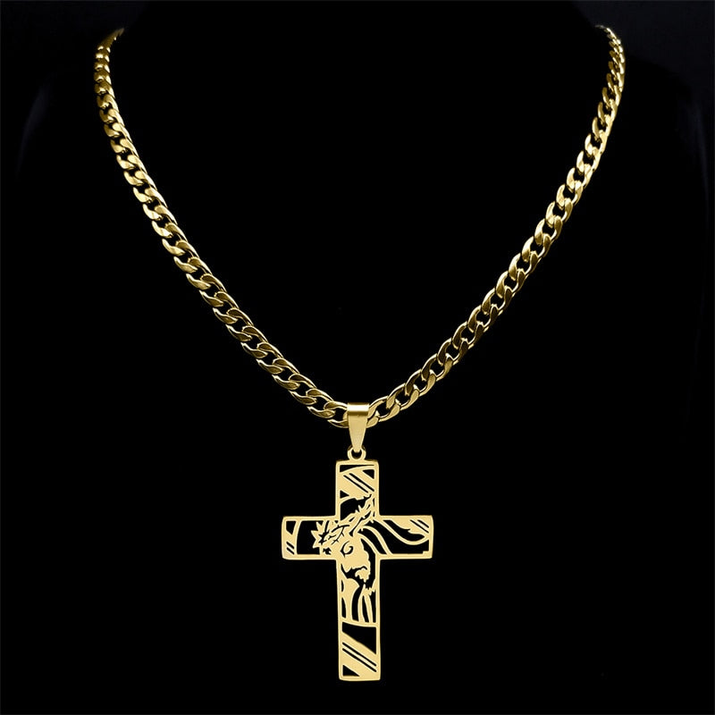 Hip Hop Punk Crown of Thorns Jesus Cross Necklace for Men Stainless Steel Gold image 10