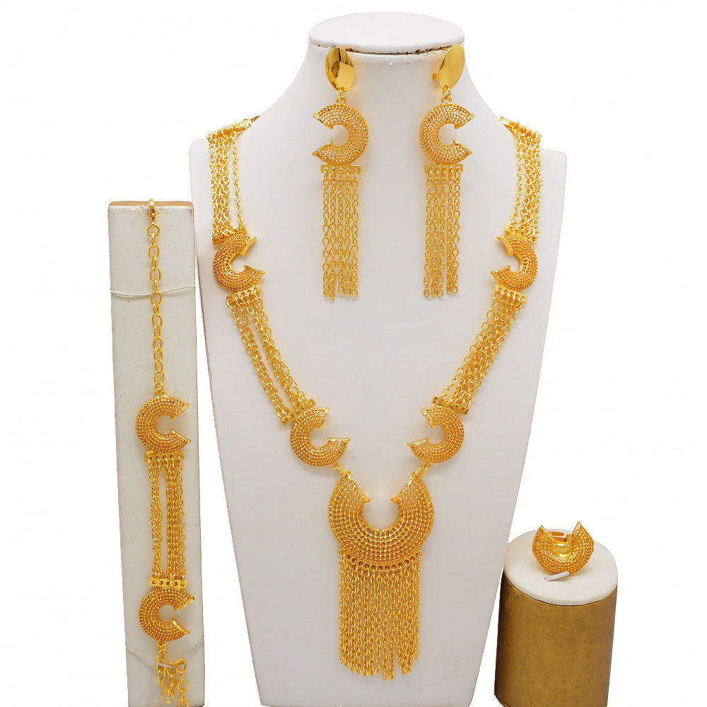 Dubai 24K Gold Plated Tassel Long Necklace Set African Women's Banquet Jewelry image 0