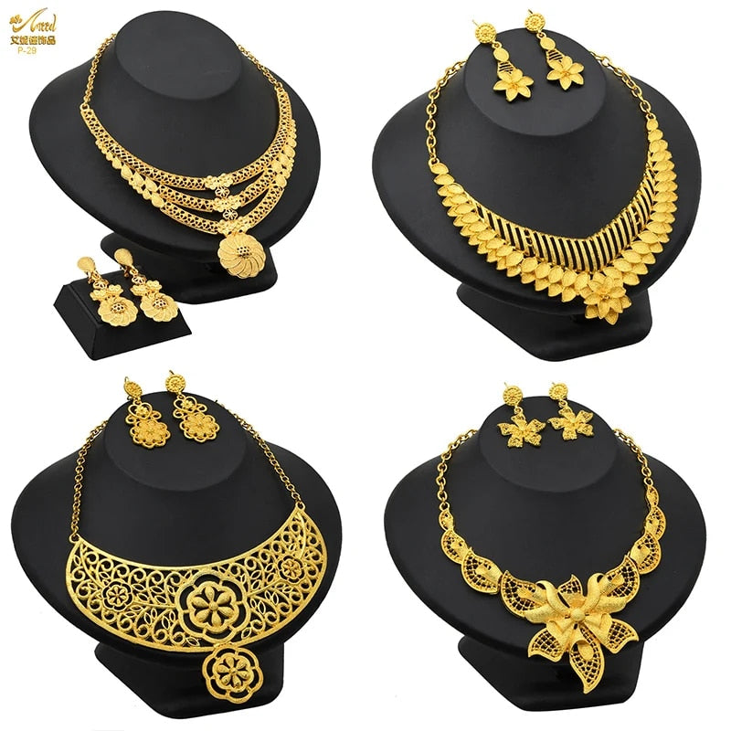 Indian Gold Plated Jewelry Set For Women African Bridal 24K Gold Color Necklace image 16